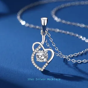 Elegant 925 Sterling Silver Heart Pendant Necklace With Moissanite Zirconia Stone Clavicle Chain Jewelry Gift For Women