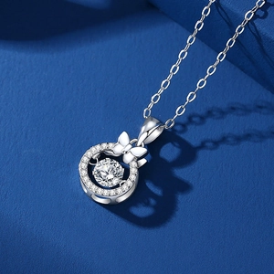 S925 sterling silver bow knot necklace with sparkling moissanite dancing heart pendant
