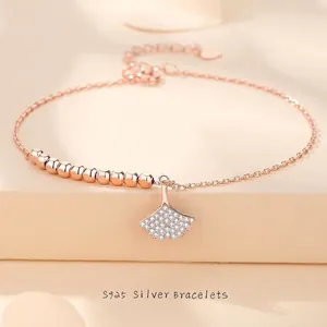 S925 Sterling Silver Ginkgo Leaf Pendant Bracelet For Women Rhinestone Inlaid Beads Adjustable Chain Elegant Fashion Jewelry Gift