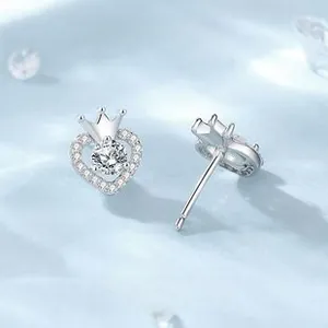 Detailed close-up of S925 sterling silver heart crown earrings with cubic zirconia stones