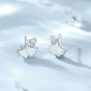 Detailed close-up of S925 silver ginkgo leaf earrings with elegant white mother of pearl