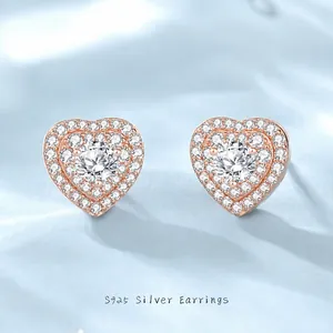 S925 sterling zilveren hart oorbellen met witte zirkonia en rosé gouden plating