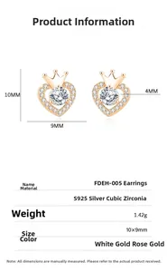 Detail view of S925 silver heart crown studs with cubic zirconia and exact dimensions