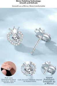 Close-up of S925 silver crown heart stud earring with cubic zirconia and plating detail