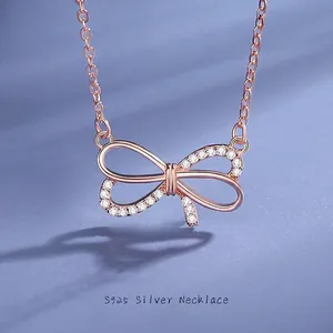 Collier Pendentif Nœud en Argent Sterling 925 pour Femme Élégant Bijoux Nœud Incrusté de Strass Accessoires Cadeau d'Anniversaire