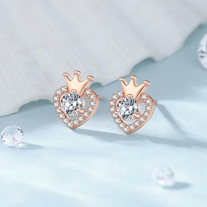 Elegant S925 sterling silver rose gold heart crown stud earrings with round zircon stones