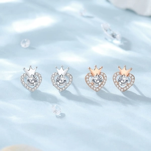 S925 sterling silver heart crown stud earrings in silver and rose gold finishes