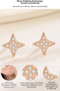 Macro shot of rose gold four-point star earrings set with sparkling cubic zirconia