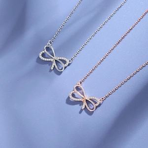Élégant collier nœud en argent sterling S925 avec pendentifs diamantés en argent et or rose