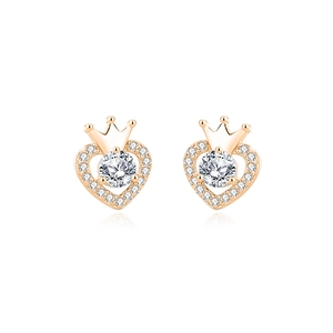Elegant rose gold S925 sterling silver heart crown stud earrings with sparkling crystals