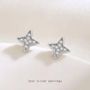925 Sterling Silver Four Pointed Star Stud Earrings Minimalist Zirconia Inlaid Geometric Jewelry For Women Fashion Gift