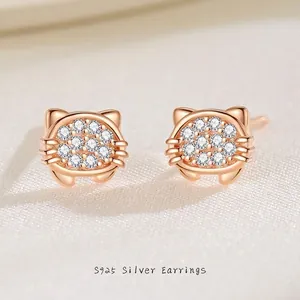 925 Sterling Silver Cat Stud Earrings Simple Cute Animal Zirconia Inlaid Earrings Rose Gold Silver Color Fashion Jewelry For Women