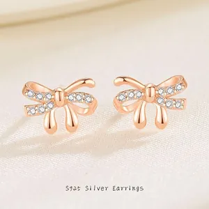 Boucles d'Oreilles Clous Nœud en Argent Sterling S925 pour Femmes Élégantes Plaqué Or Rose Or Blanc Strass Bijoux Cadeau