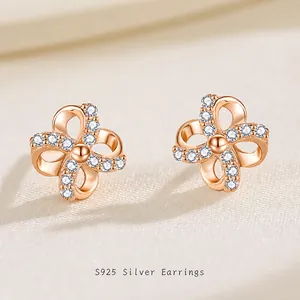 S925 sterling zilveren klaver oorbellen in roségoud met zirkoon en windmolen ontwerp