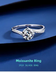 Macro view of a 1-carat moissanite ring with four-claw S925 silver setting and side stones