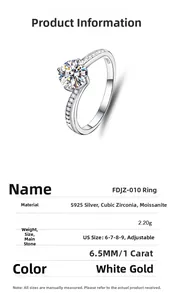 Detailed product specifications for S925 silver 1 carat moissanite solitaire ring
