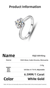 Macro view of S925 sterling silver ring with 1ct moissanite and size adjustment chart