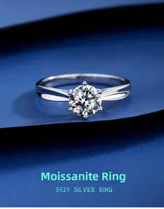 Close-up of S925 sterling silver ring with a classic six-prong moissanite setting
