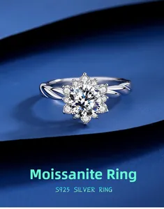 Detailed macro view of S925 silver sunflower moissanite ring with twisted woven band