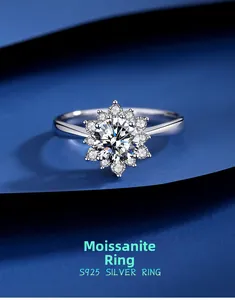 Macro shot of S925 sterling silver ring with sunflower moissanite diamond detailing