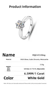 Detailed specs of S925 sterling silver 1ct six-prong moissanite ring with US 6-9 size chart