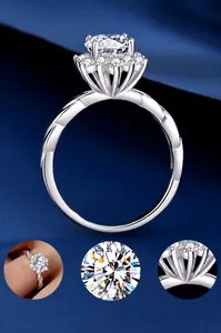 Detailed close-up of Moissanite sunflower ring in S925 silver with braided band texture