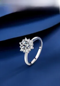 Detailed view of S925 sterling silver sunflower ring with 1ct moissanite and halo stones