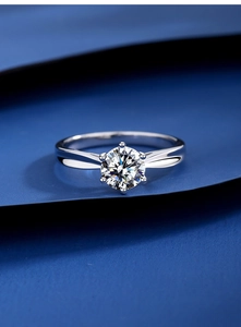 Macro shot of 1ct moissanite S925 silver ring featuring classic six-prong setting