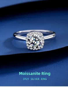 Macro view of S925 silver halo ring featuring a round brilliant cut moissanite stone
