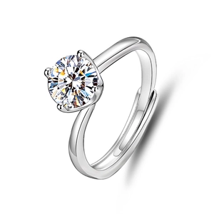 Detailed view of S925 silver ring featuring a sparkling round moissanite in a four-prong setting