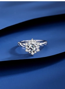 Macro detail of Moissanite sunflower ring with twisted silver band and clustered sparkle