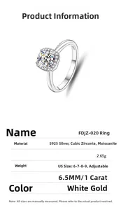 Detailed spec sheet showing S925 silver square 1ct moissanite ring with sizing and weight