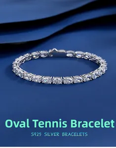 Macro shot of S925 silver tennis bracelet with oval cut cubic zirconia stones