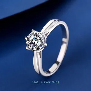 Six Prong Moissanite Ring 925 Sterling Silver Zirconia Engagement Wedding Rings For Women Minimalist Jewelry Adjustable Ring