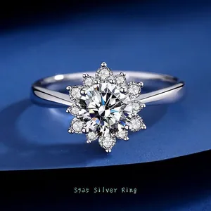 S925 Sterling Silver Sunflower Ring With Moissanite Zircon Round Halo Engagement Ring For Women Classic Jewelry Anniversary Gift