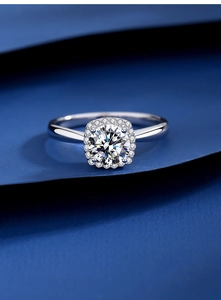 Macro detail of S925 silver halo ring with a brilliant round moissanite gemstone