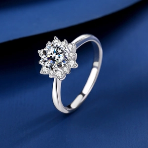 Classic S925 sterling silver sunflower halo moissanite engagement ring on blue silk