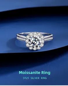 Macro detail of S925 sterling silver moissanite ring with halo setting and side stones