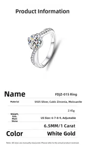 Macro de bague moissanite 1ct montrant le poinçon S925 et l'anneau ajustable