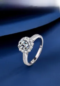 Detailed top view of S925 sterling silver halo moissanite ring with pavé diamond band