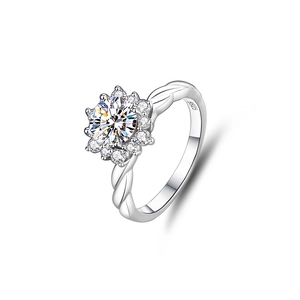 Elegant 925 sterling silver sunflower ring with moissanite stones and twisted band design