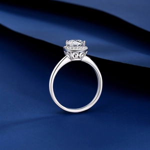 Classic S925 sterling silver halo ring with a round moissanite stone and hollow engraving