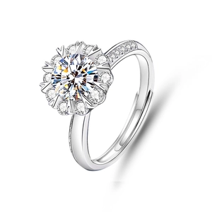 Vue détaillée de la bague en argent 925 avec serti moissanite en forme de flocon de neige