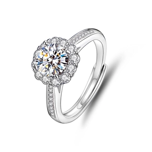 Macro detail of S925 sterling silver sunflower ring with classic halo moissanite setting