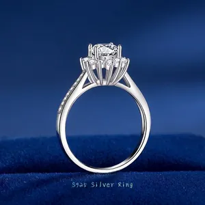 Luxury 925 Sterling Silver Moissanite Engagement Ring Sunflower Halo Round Cut Zirconia Wedding Ring For Women Jewelry Gift