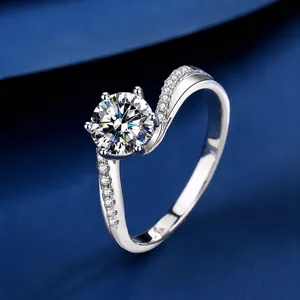925 Sterling Silver Moissanite Ring For Women Classic Twisted Arm 1 Carat Four Prong Zirconia Wedding Engagement Adjustable Open Ring Jewelry
