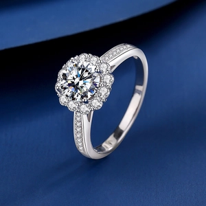Classic 925 sterling silver sunflower halo ring with moissanite and pave diamonds