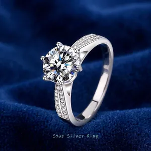 Bague en Argent Sterling S925 Moissanite Classique Six Griffes Incrustation Zircon Bague de Demande en Mariage pour Femme Bijoux