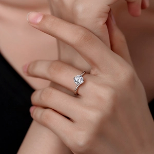 Classic 1 carat moissanite silver ring featuring four-claw setting on a model's hand
