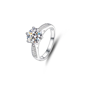 Bague classique en argent S925 avec moissanite, serti six griffes et accents pavés